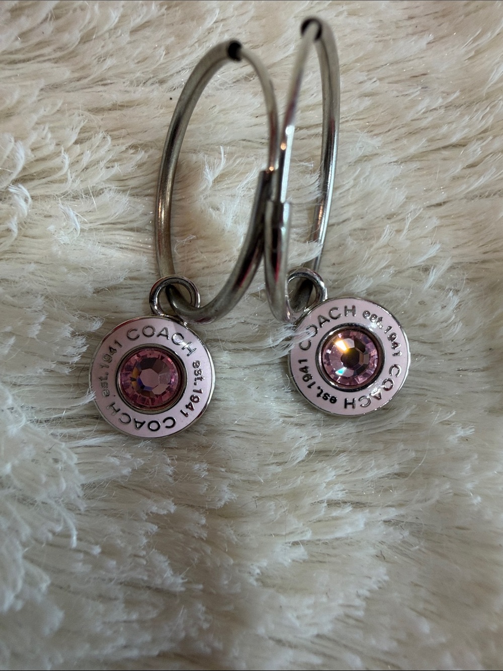 Coach Silver-Tone Hoop Earrings with Pink Crystal Centers
